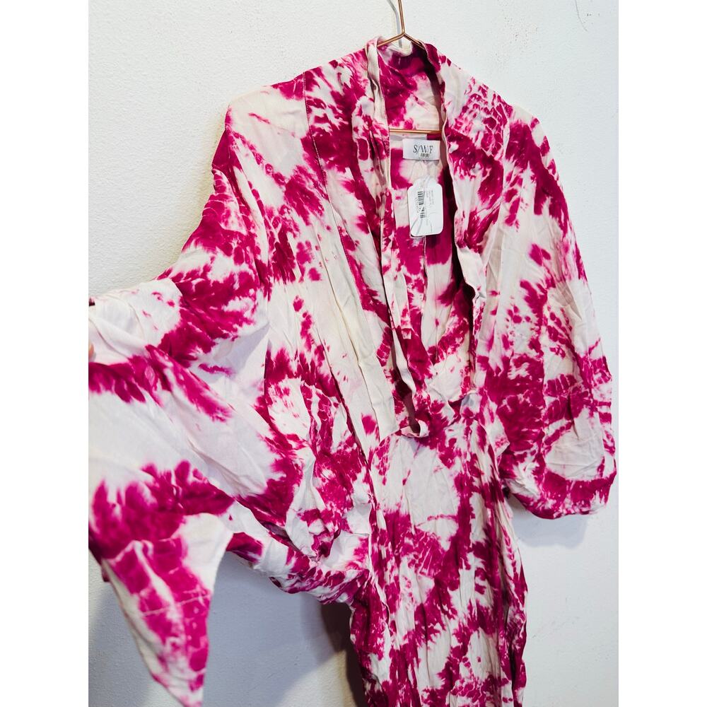 S/W/F Magenta Pink Tie-Dye V-Neck Plunge Kimono Front Pockets Dress size Large - Picture 6 of 16